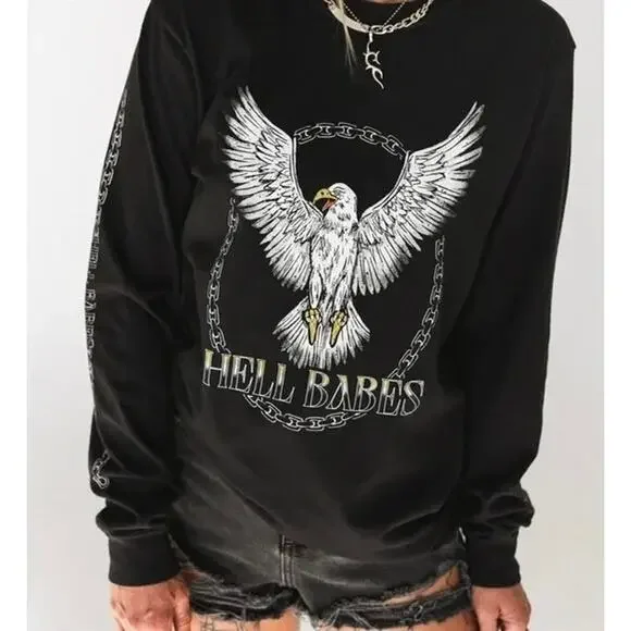 Hell Babes Graphic Long Sleeve Eagle Chain Print Top Black Medium89 - Picture 3 of 15